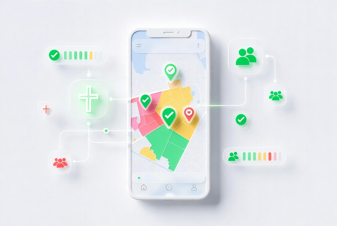 Mobile interface showing digital mapping and check-ins